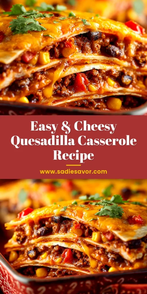 A slice of cheesy, layered Quesadilla Casserole on a white plate, showcasing the seasoned beef and tortilla layers. Perfect for an easy weeknight dinner.