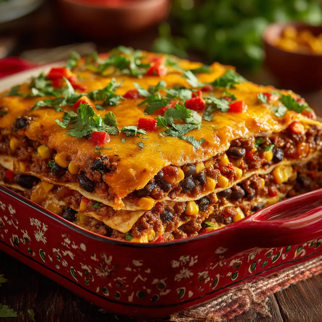 A cleanly cut slice of the quesadilla bake on a spatula, revealing the distinct layers of tortilla, seasoned ground beef, and cheese.