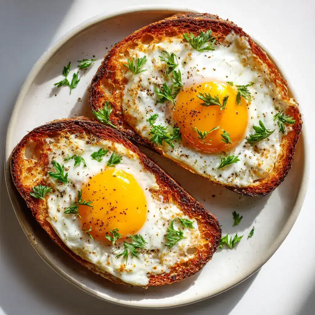 A detailed overhead shot of two pieces of air fryer egg toast, highlighting the texture of the bread and the vibrant color of the egg yolks.