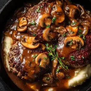 An overhead shot of the Salisbury Steak Recipe in a cast-iron skillet, with tender patties simmering in a thick, savory gravy.