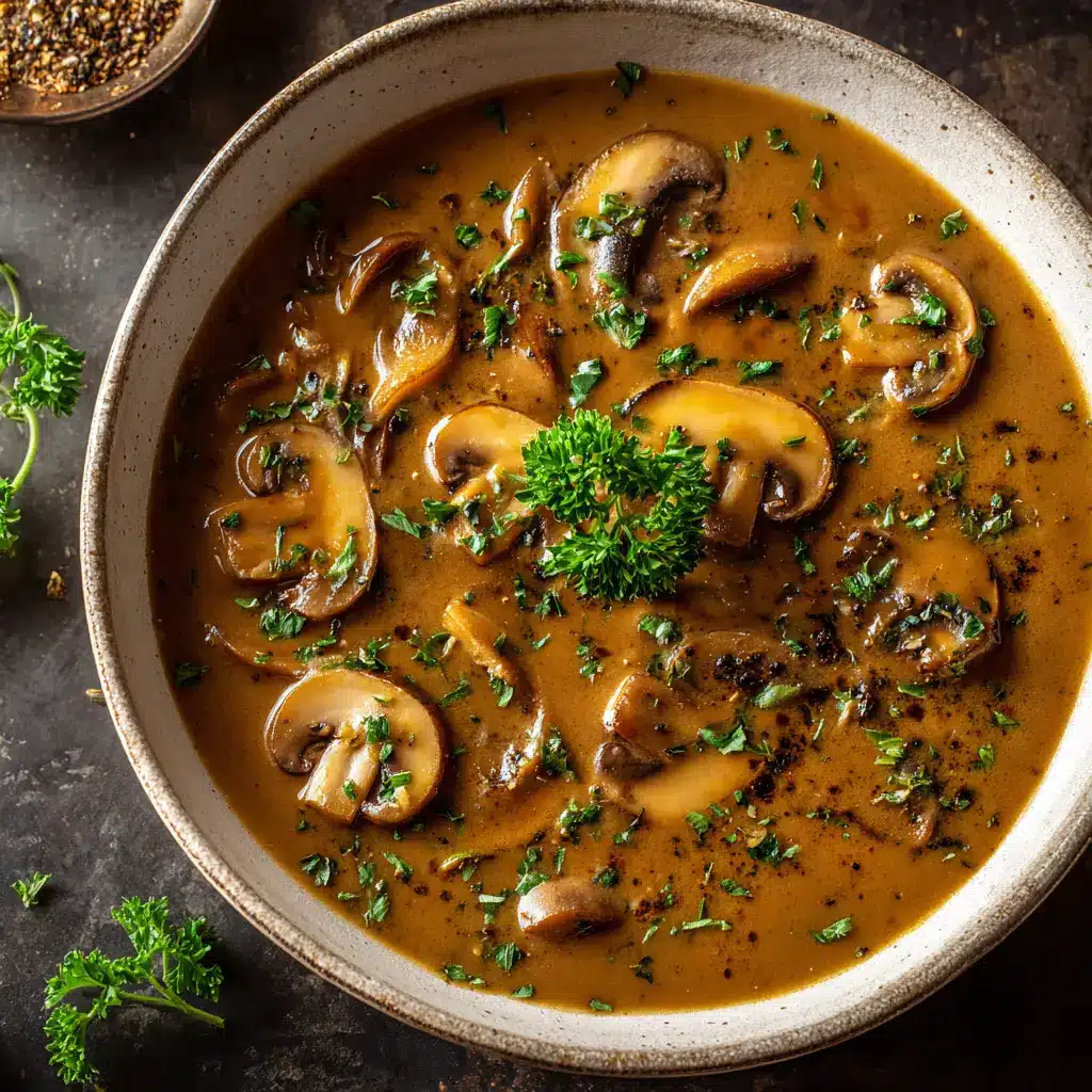 A detailed close-up of sliced cremini mushrooms simmering in a skillet, turning golden brown for the mushroom gravy recipe.