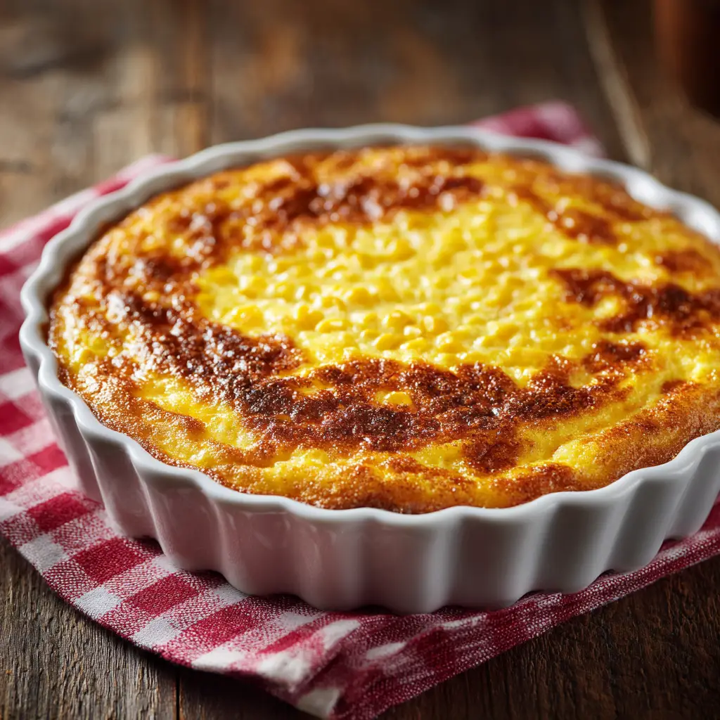 A close-up view of the ingredients for a savory corn pudding recipe being mixed in a glass bowl, showcasing the creamy texture of the batter.