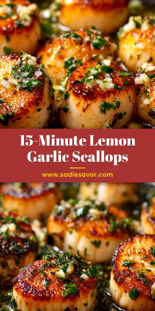 An overhead shot of a pan of seared scallops in a garlic herb butter sauce. This easy seared scallops recipe is perfect for a quick and elegant dinner.