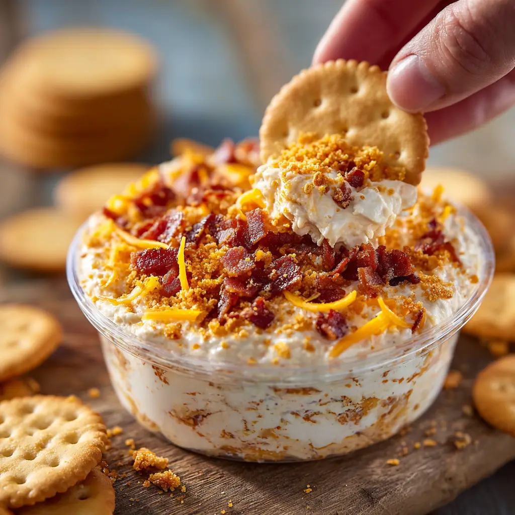 A person dipping a cracker into a bowl of easy bacon cheddar ranch dip, showcasing the dip's scoopable consistency.