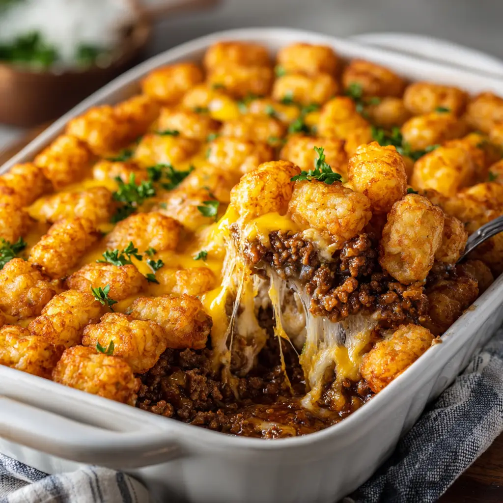 A scoop of the ground beef and tater tot casserole on a white plate, ready to be served. The layers of seasoned beef and cheese are visible.
