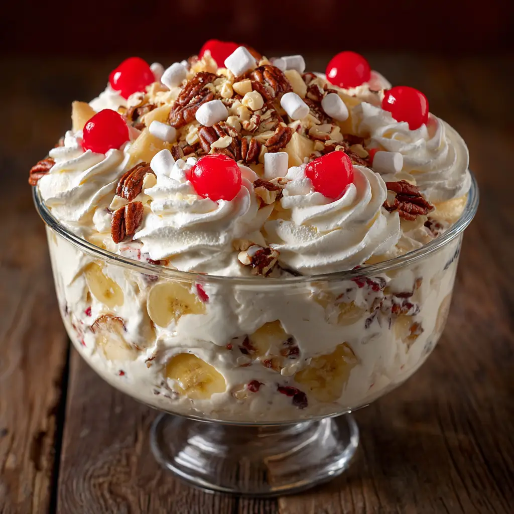 A serving of the finished Banana Split Fluff Salad in a small bowl, garnished with chocolate syrup and a cherry.