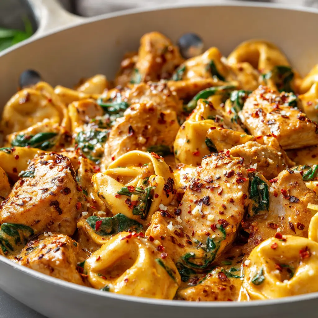 A fork lifting a bite of spicy chicken and tortellini from a white bowl, showing the texture of the dish.