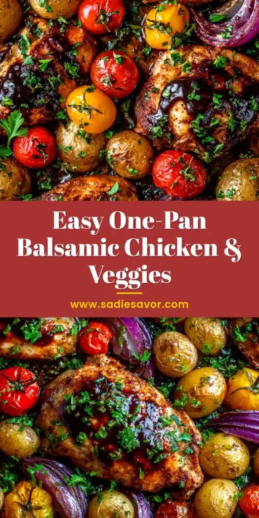 A vibrant overhead shot of Sheet Pan Balsamic Chicken, showcasing juicy chicken pieces, roasted broccoli, and red peppers on a baking sheet, all coated in a glossy balsamic glaze.