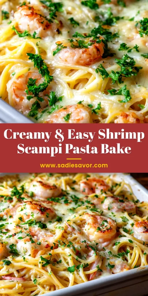 A delicious Shrimp Scampi Pasta Bake in a white casserole dish, topped with golden brown breadcrumbs and fresh parsley, ready to be served.