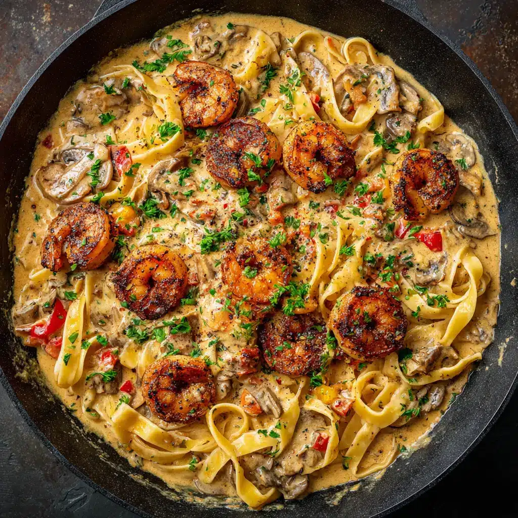 A rustic skillet filled with the finished blackened shrimp and mushroom stroganoff sauce, ready to be served over pasta.