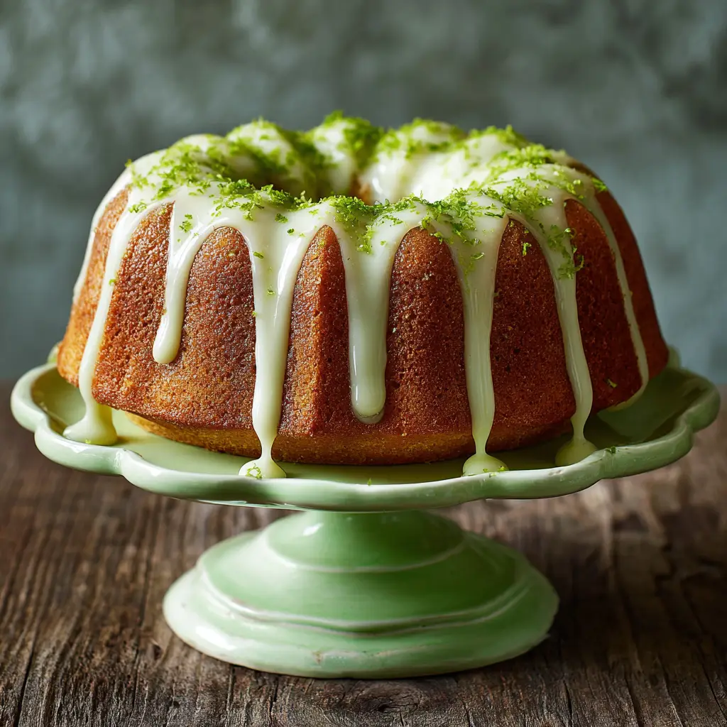 A perfect slice of key lime bundt cake on a white plate, revealing a moist and tender crumb with a generous amount of glaze on top.