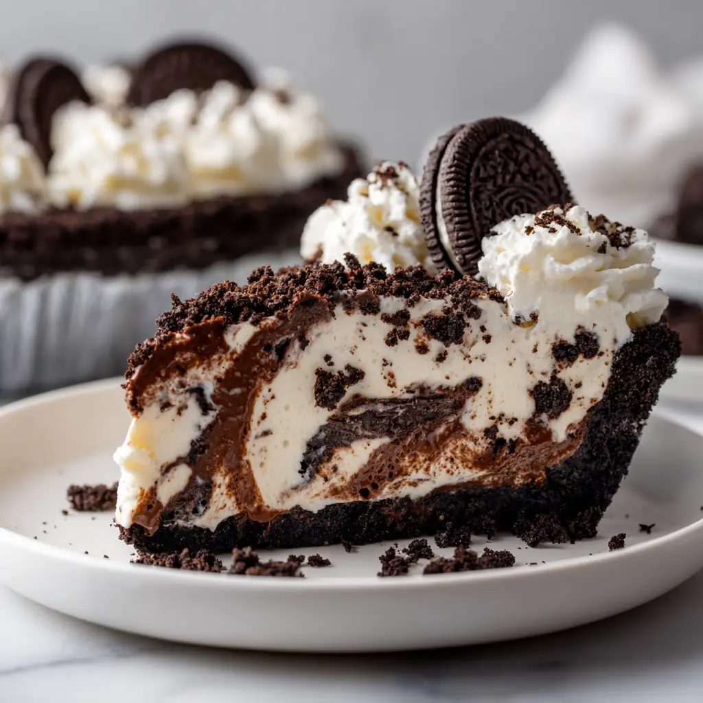 A decadent slice of creamy no-bake Oreo pie on a white plate, showing the distinct layers of Oreo cookie crust and cookies and cream filling.