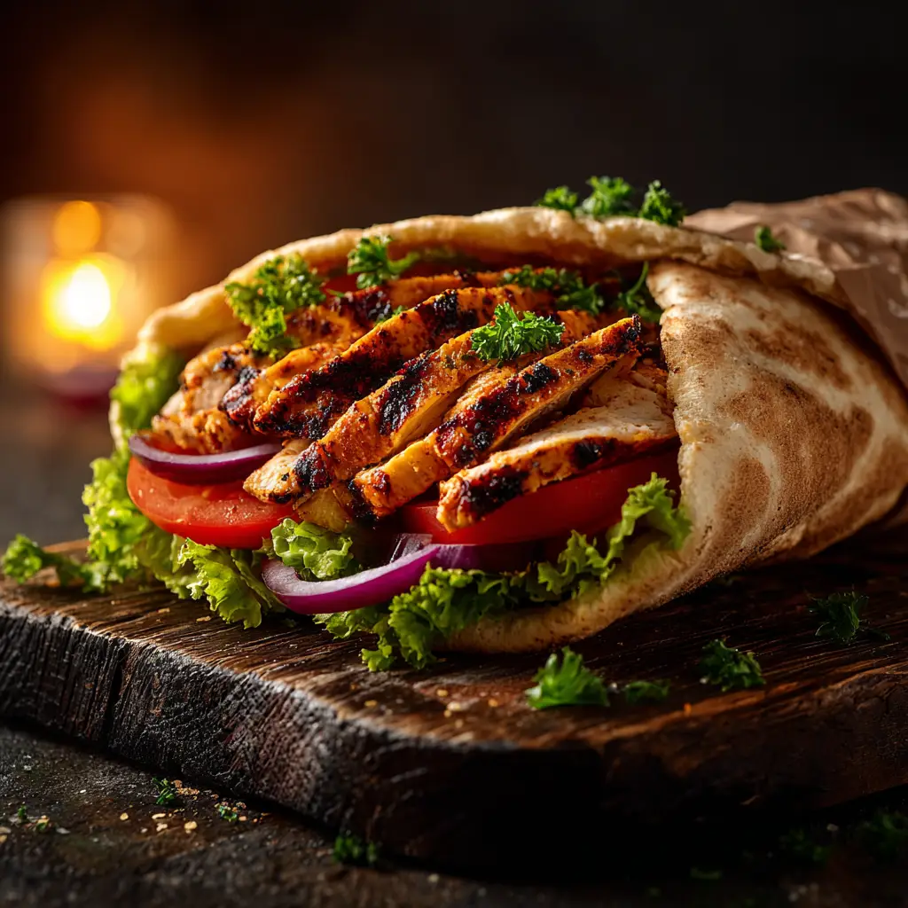 An extreme close-up shot of juicy, sliced chicken shawarma fresh from the oven, with charred edges and a vibrant, spiced coating.