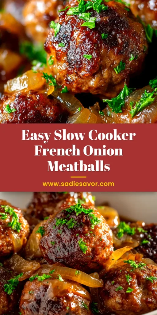 A pin image showing Slow Cooker French Onion Meatballs in a white bowl, topped with melted cheese and fresh parsley. The title text reads 'Slow Cooker French Onion Meatballs'.