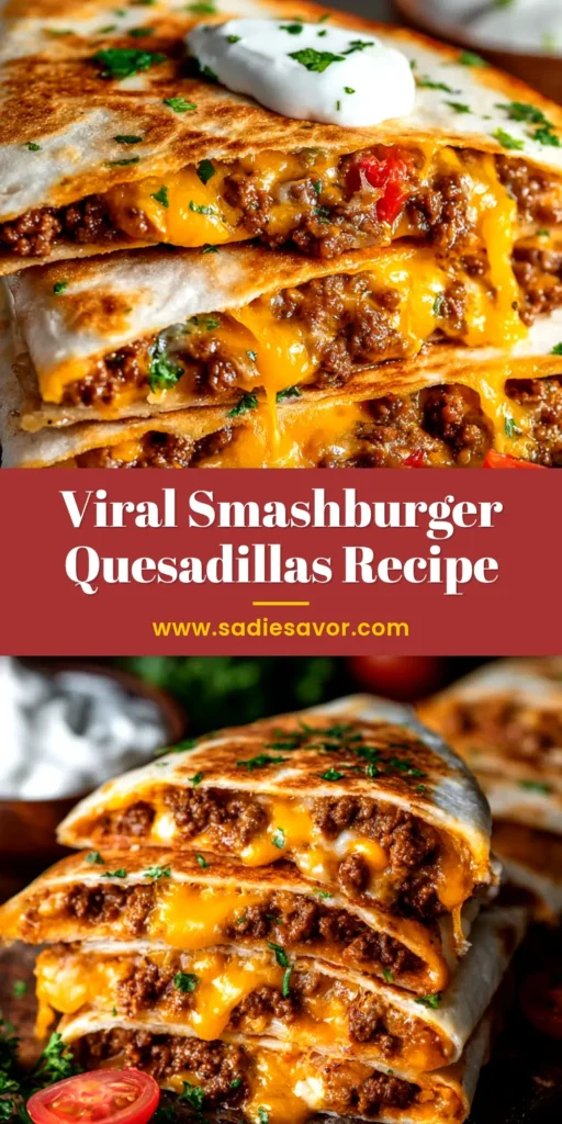 Smashburger Quesadillas: The Ultimate Viral Recipe 3 A stack of delicious, golden-brown Smashburger Quesadillas sliced in half to show the juicy beef patty and melted cheese inside. Perfect for an easy weeknight dinner recipe.