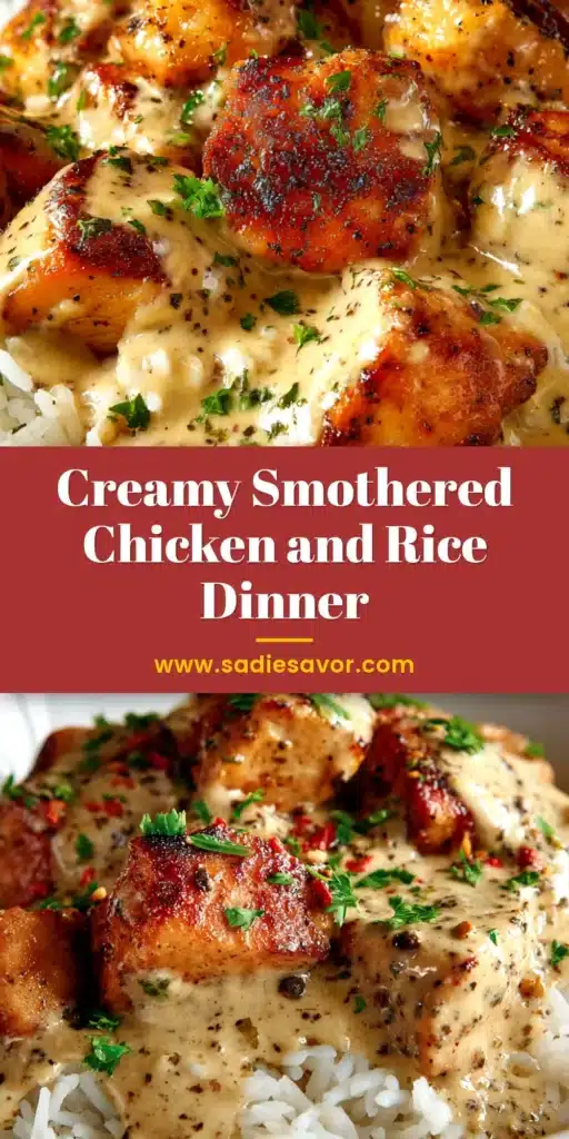 A delicious one-pan Smothered Chicken and Rice in a cast iron skillet, garnished with fresh parsley. The chicken has golden, crispy skin and is surrounded by creamy rice and gravy.