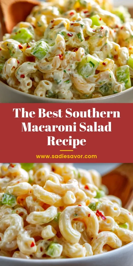 A large white bowl filled with classic Southern macaroni salad, garnished with fresh parsley. The salad is creamy and features visible pieces of celery, red onion, and egg.