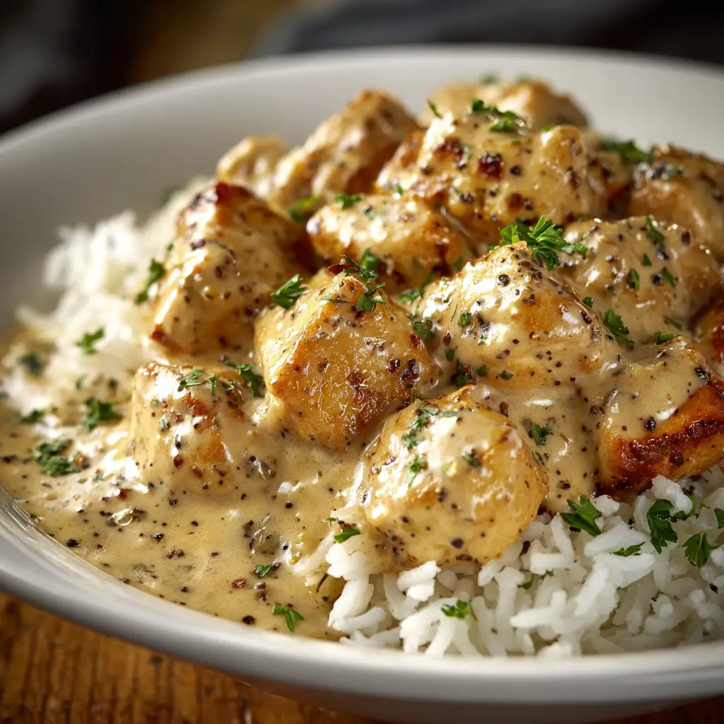 A spoonful of Southern smothered chicken and rice, highlighting the fluffy rice that has absorbed the rich gravy.