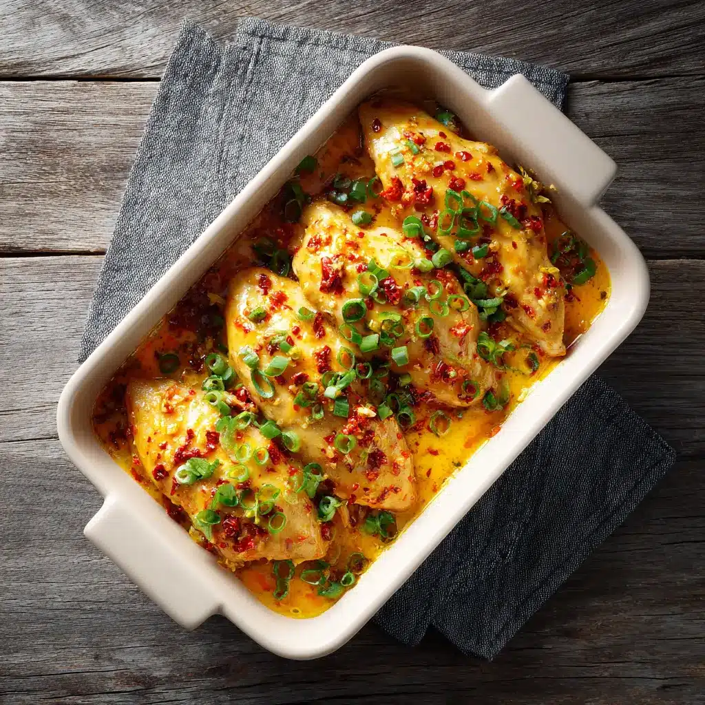A single serving of the spicy chicken casserole on a plate with rice and garnished with green onions, ready to eat.