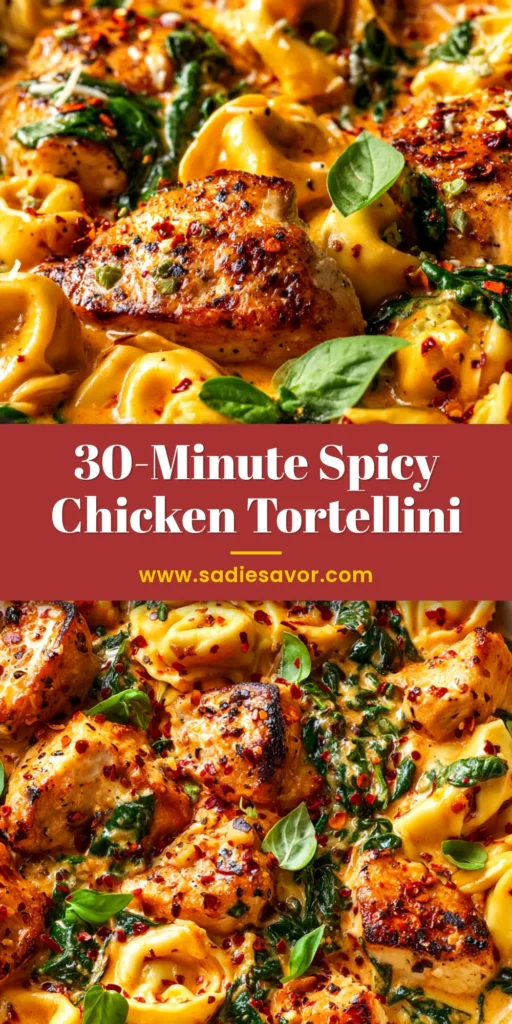 A top-down view of a skillet filled with Spicy Garlic Butter Chicken Tortellini, garnished with fresh parsley. The creamy sauce coats every piece of tortellini and chicken.