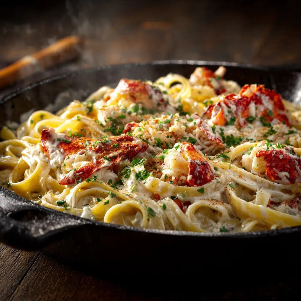 A fork twirling fettuccine from a bowl of Cajun Seafood Alfredo, with shrimp and crab meat visible.