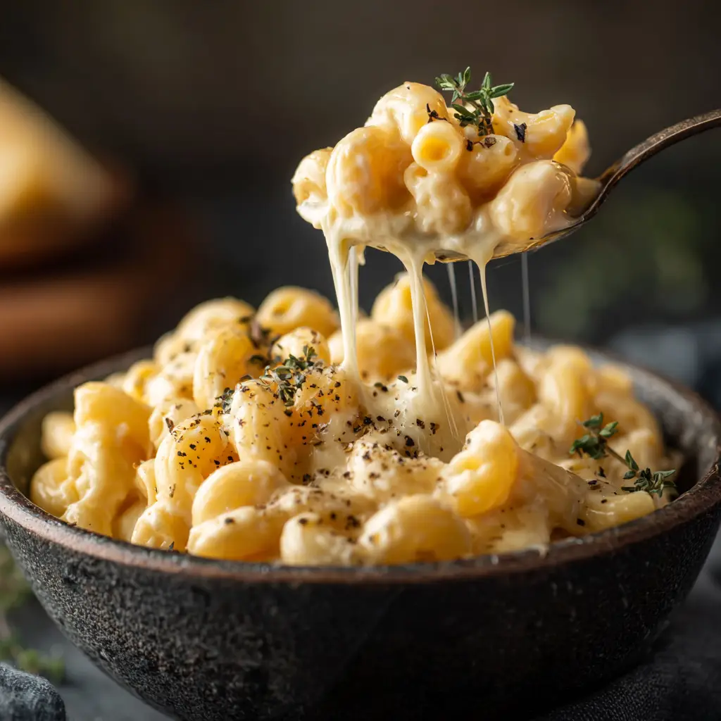 A spoonful of homemade white cheddar mac and cheese being lifted from a bowl, demonstrating the cheesy, creamy texture of the dish.