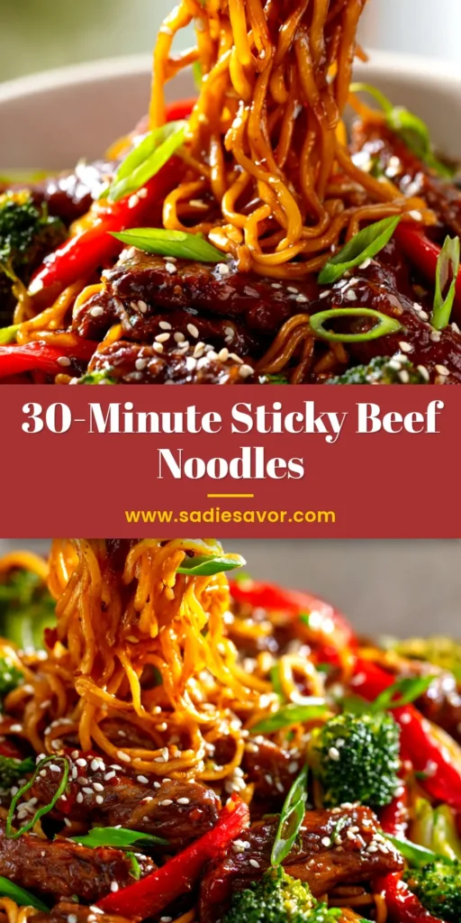 A top-down view of a white bowl filled with sticky beef noodles, garnished with fresh green onions and sesame seeds. The sauce is glossy and coats the tender beef and noodles perfectly.