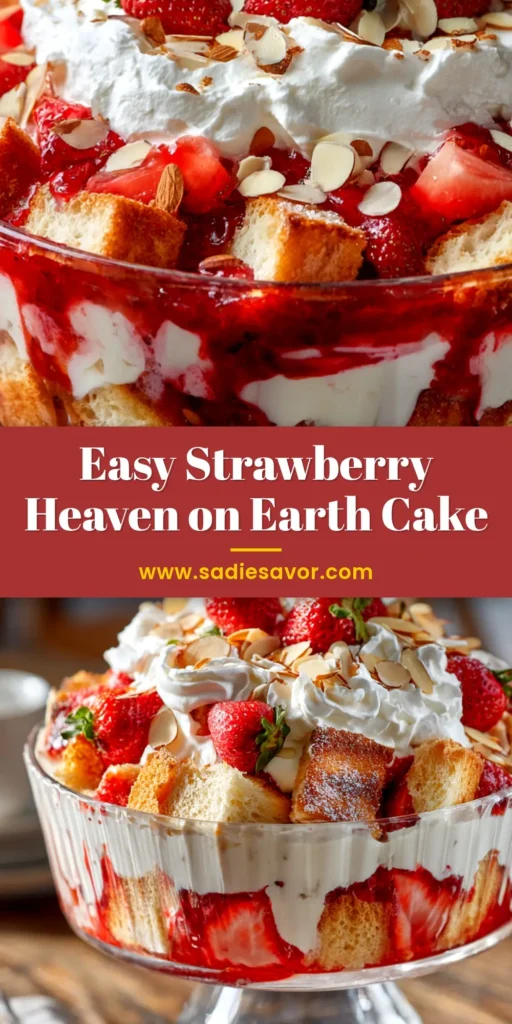 An overhead shot of a delicious Strawberry Heaven on Earth Cake in a glass baking dish, showing layers of cake, pudding, and strawberries, ready to be served.