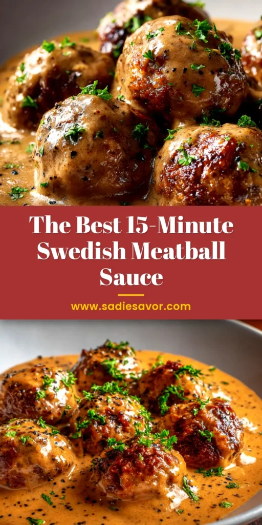 A close-up shot of creamy Swedish meatball sauce being poured over perfectly browned meatballs in a skillet. This image showcases a homemade Swedish meatball sauce recipe.
