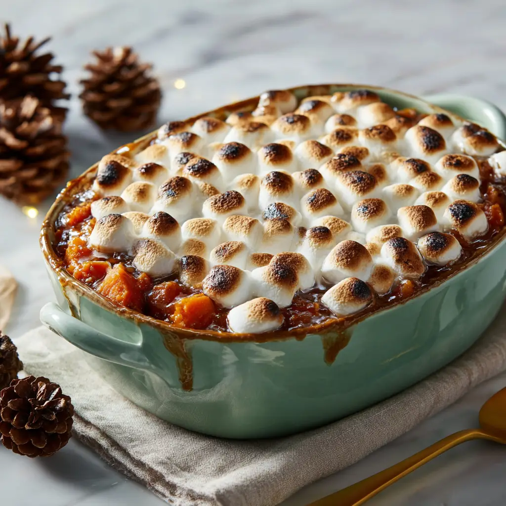 A scoop of creamy sweet potato filling for the Candied Sweet Potato Casserole being mixed in a bowl before baking.