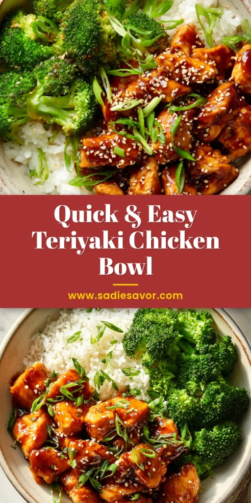 A beautiful overhead shot of a delicious homemade Teriyaki Chicken Bowl, featuring glossy glazed chicken, white rice, bright green broccoli, and a sprinkle of sesame seeds.