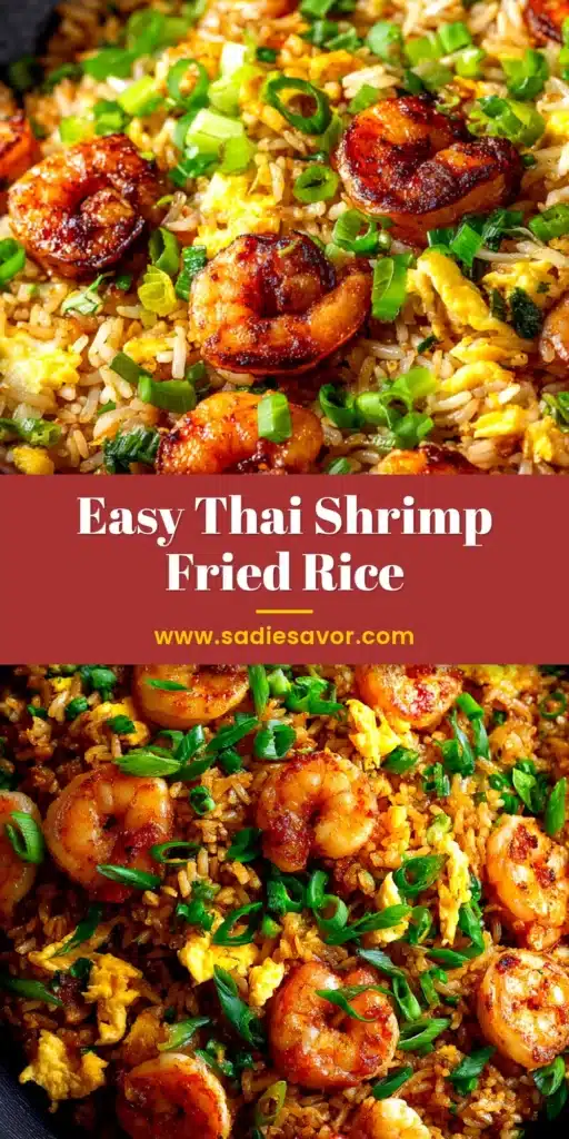 A close-up overhead shot of a skillet full of authentic Thai Shrimp Fried Rice, garnished with fresh cilantro and a lime wedge. The rice is golden brown and tossed with plump pink shrimp.