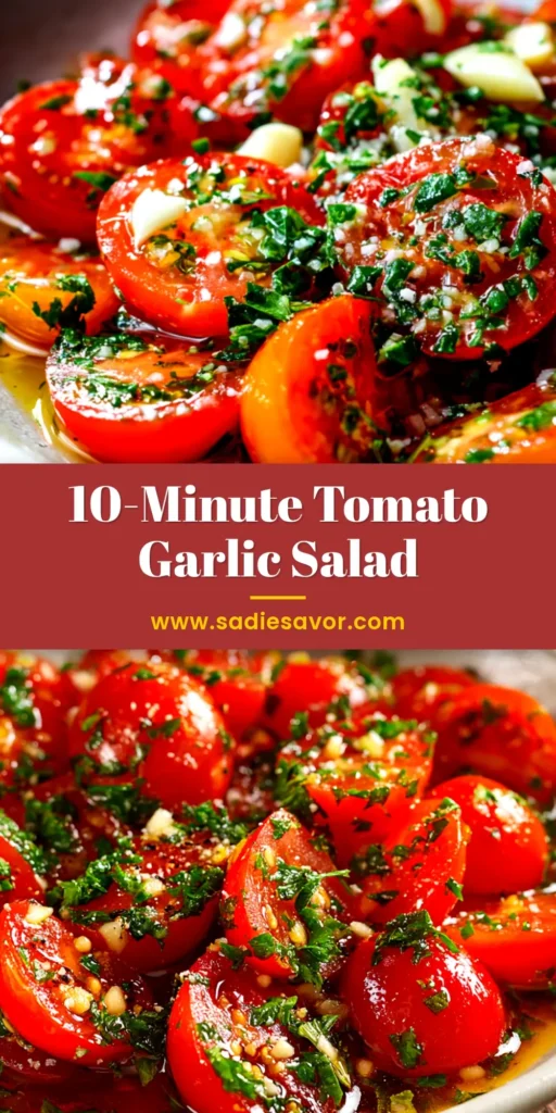 A fresh and vibrant Tomato Garlic Salad in a white bowl, garnished with parsley. The perfect quick and easy summer side dish recipe.