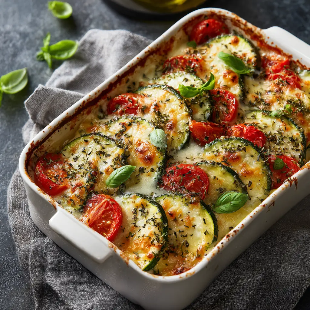 The ingredients for the tomato zucchini coodle arranged on a wooden board, including fresh zucchini, tomatoes, and cheese.