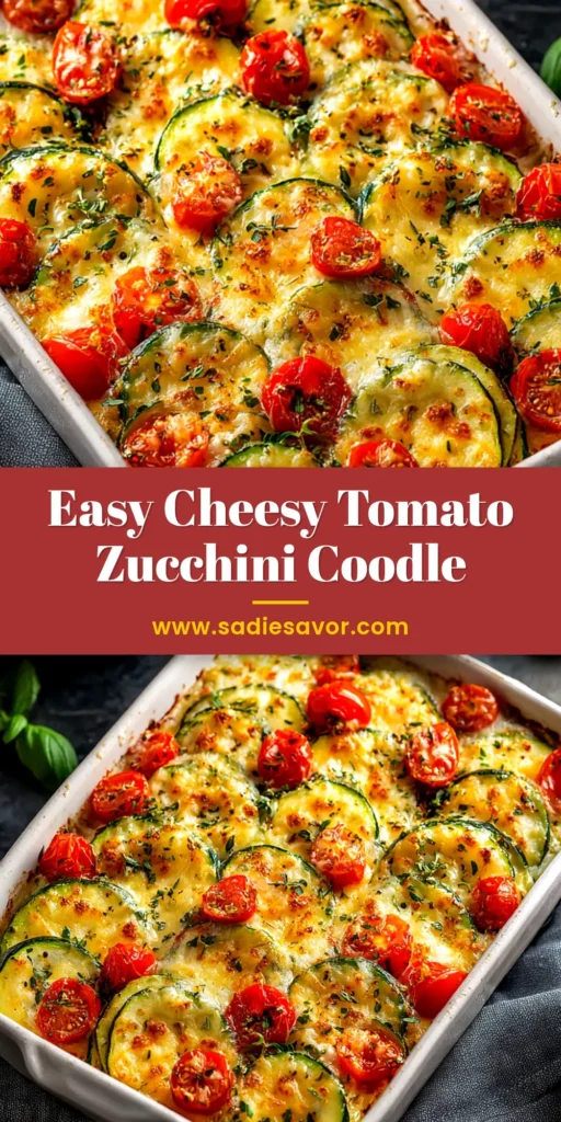 A delicious and cheesy Tomato Zucchini Coodle baked in a white casserole dish, showing off its golden-brown top.