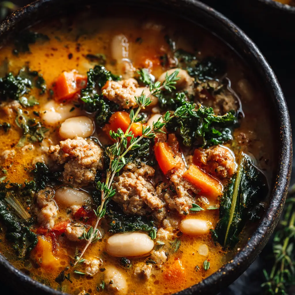 Italian Sausage Cannellini Bean Soup (The Best Easy Recipe!) 1 A spoonful of Tuscan sausage soup being lifted from a bowl, showcasing the sausage, cannellini beans, and spinach.