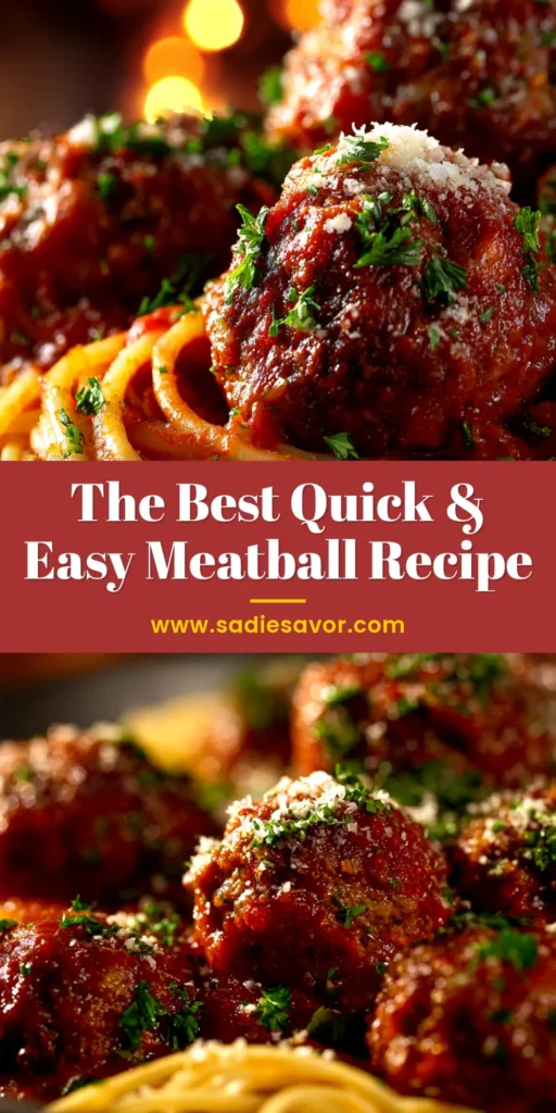 A close-up shot of perfectly cooked meatballs in a rich marinara sauce, garnished with fresh basil. This image showcases the ultimate meatball recipe.