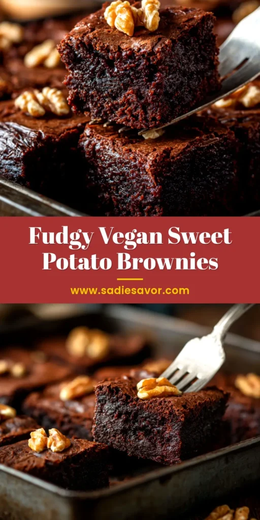 A stack of rich, fudgy vegan sweet potato brownies on a plate, with one brownie broken open to show the moist, dense texture inside.