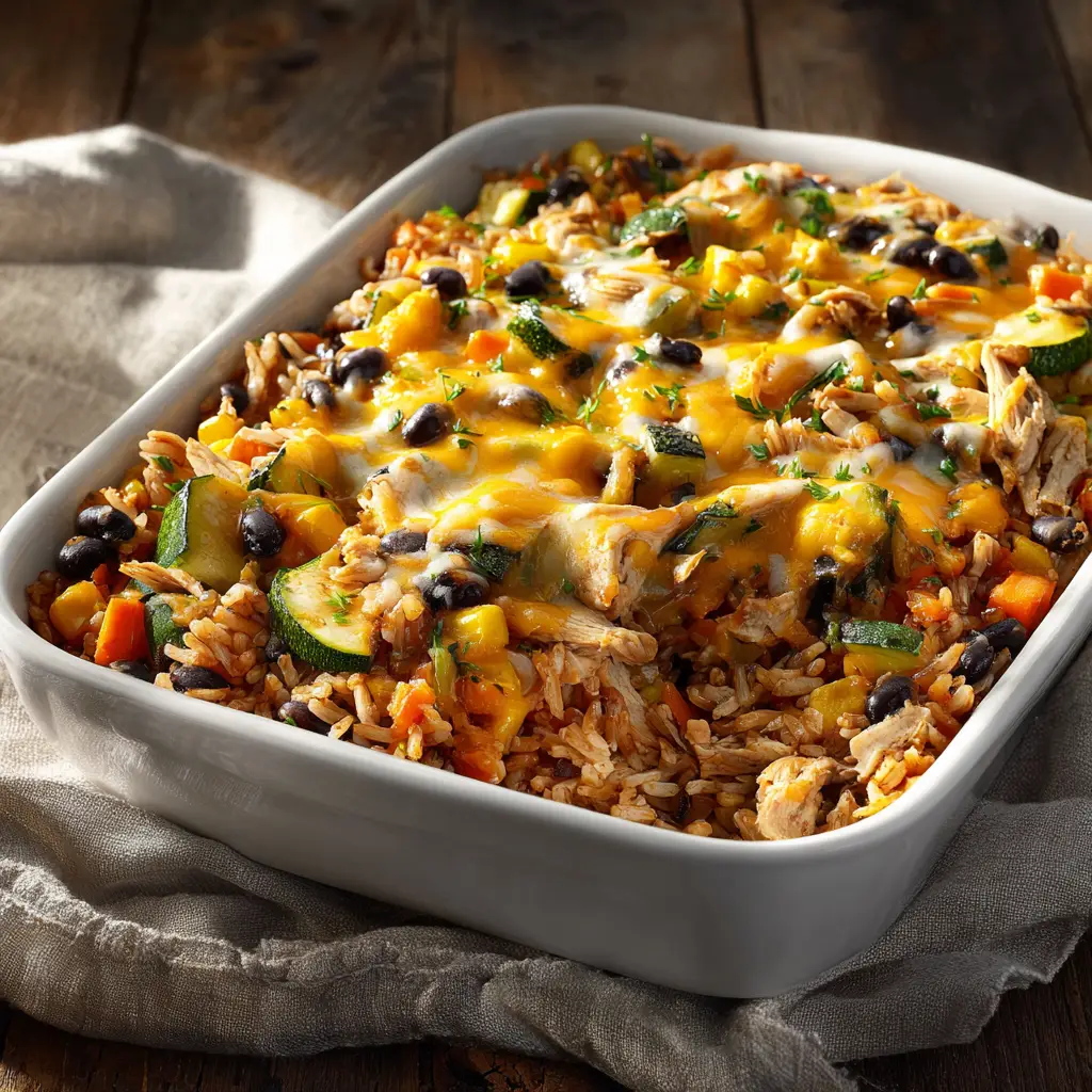 A scoop of the vegetarian rice bake being lifted from a casserole dish, showing layers of beans, rice, corn, and cheese.