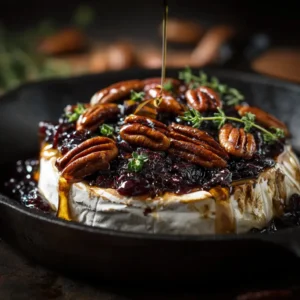 A close-up of a warm, gooey brie and fig appetizer fresh out of the oven, showing the melted cheese and caramelized jam.