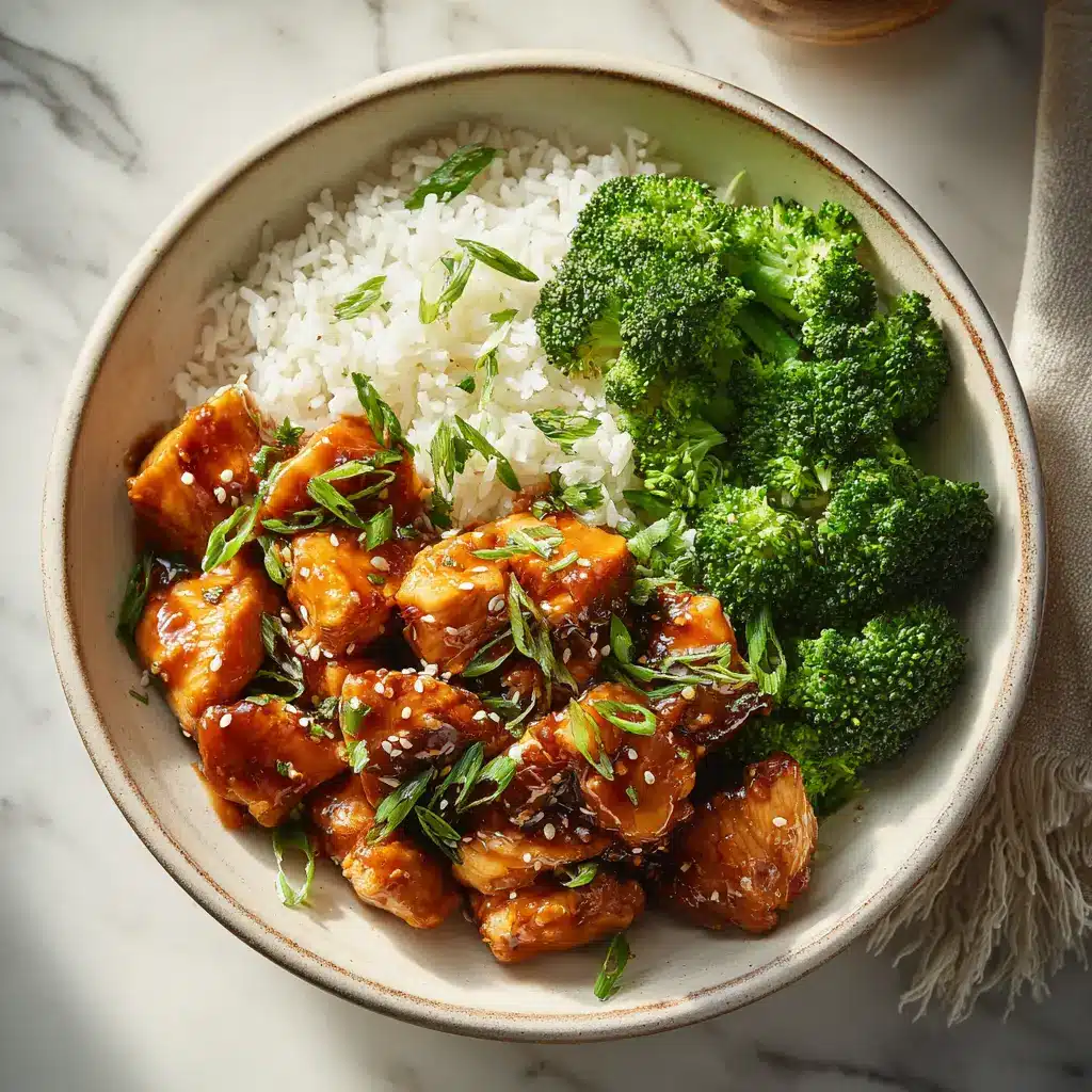 A complete Teriyaki Chicken Bowl meal served in a white bowl, ready for a delicious weeknight dinner.