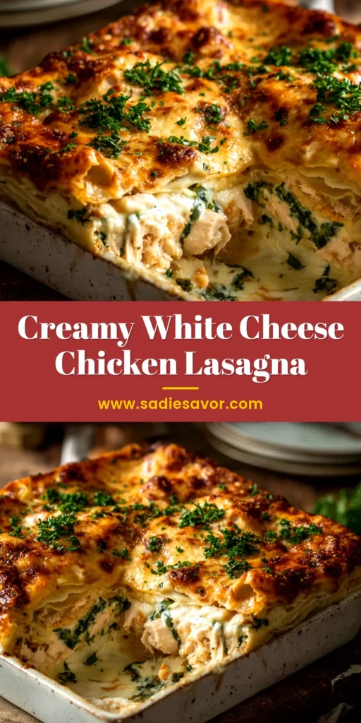 A delicious and creamy White Chicken Lasagna in a white baking dish, with a slice taken out to show the cheesy layers. The perfect easy weeknight dinner recipe.