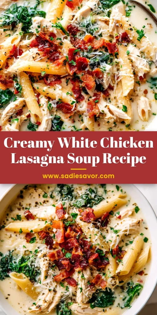 A bowl of creamy white chicken lasagna soup topped with ricotta and fresh parsley. The perfect one-pot comfort meal.