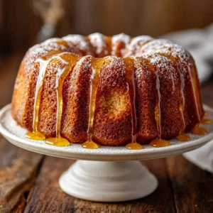 A whole Crack Cake Bundt on a cake stand, with the golden brown exterior and glossy butter glaze visible.
