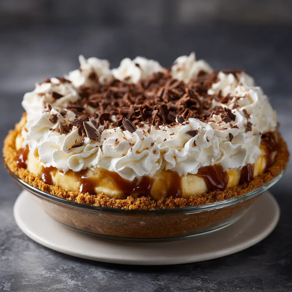A whole, freshly made banoffee pie in a glass dish, topped with whipped cream and chocolate shavings. This shows the complete homemade banoffee pie before slicing.