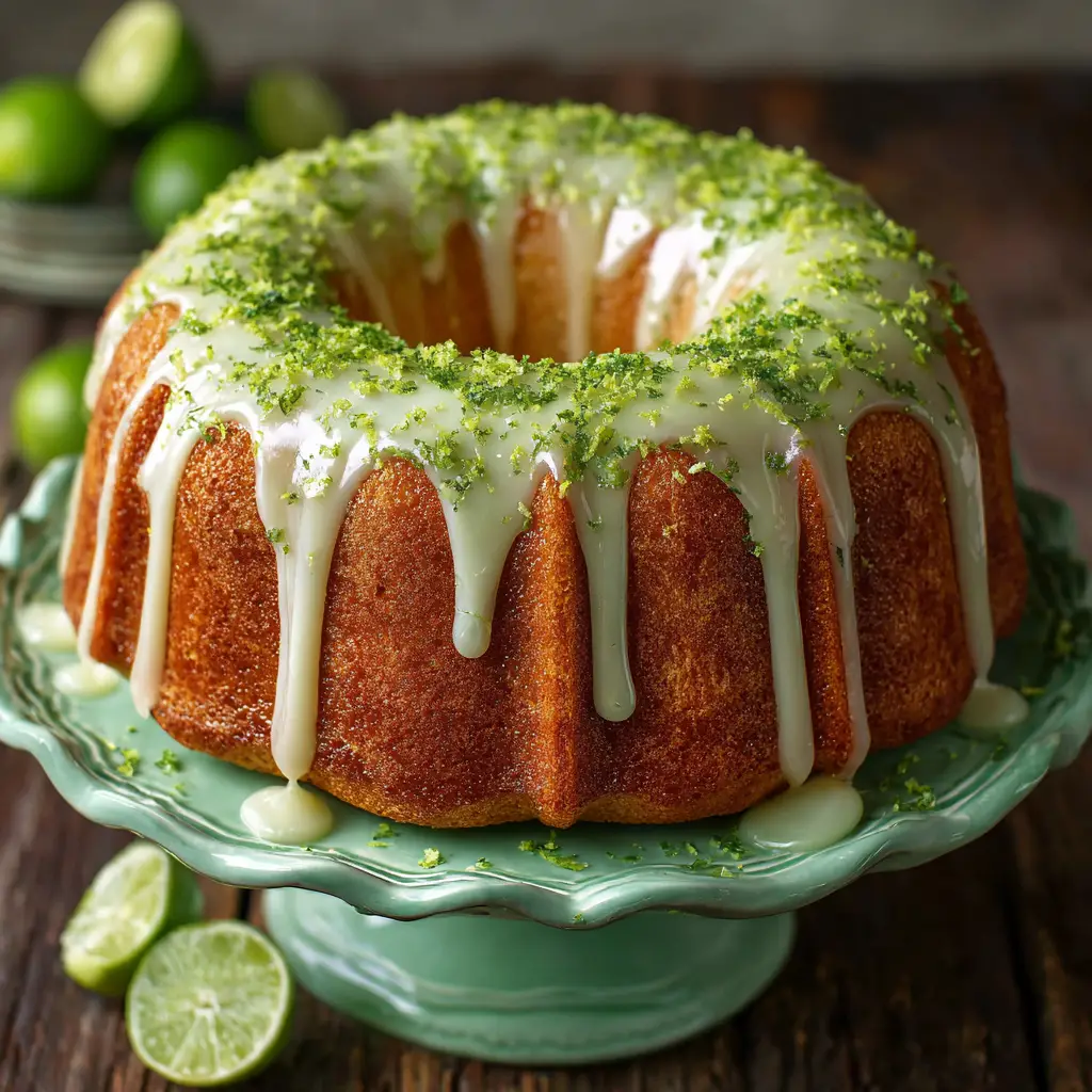 A whole moist key lime bundt cake sitting on a cake stand before being sliced, showing its golden-brown crust and perfect shape.