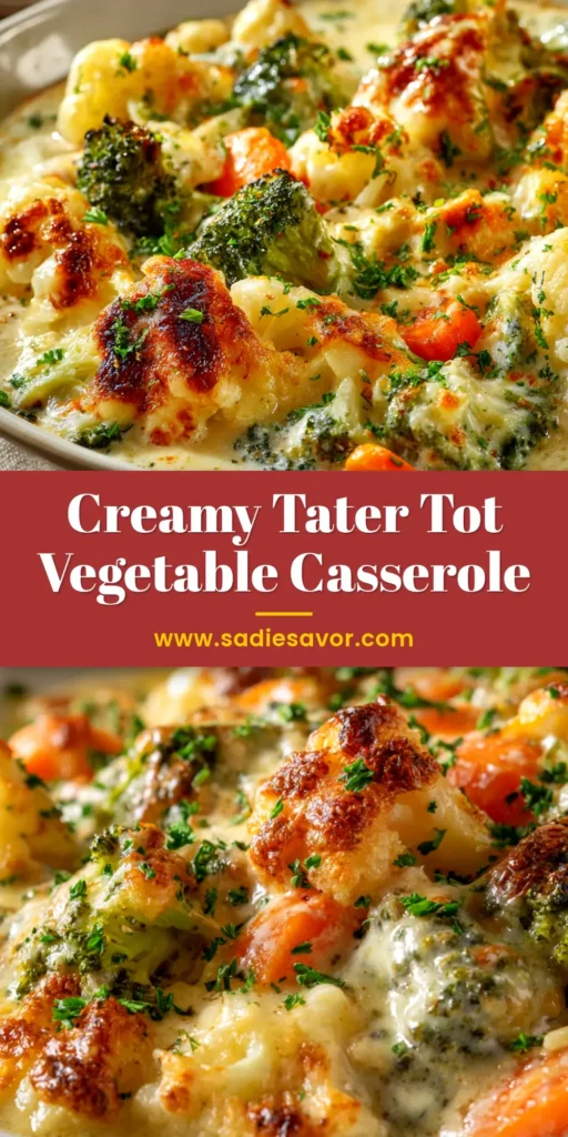 A beautiful overhead shot of a creamy and cheesy winter vegetable casserole in a white baking dish, ready to be served. The perfect hearty comfort food recipe.