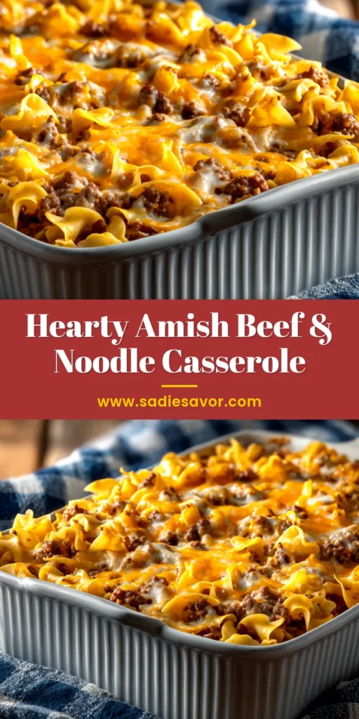 A top-down view of a delicious Amish Country Casserole in a baking dish, showing the golden-brown cheesy topping and hearty beef and noodle filling. The perfect comfort food recipe.