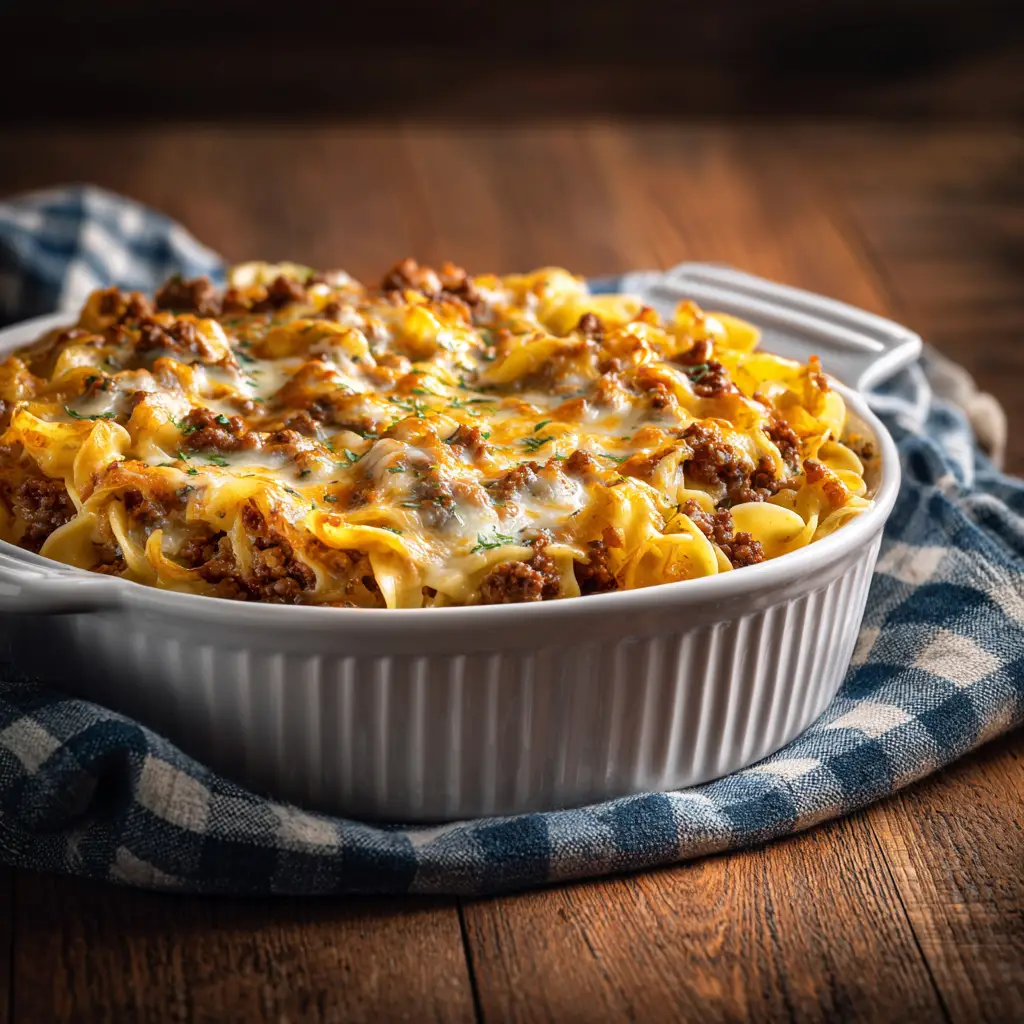 A scoop of old-fashioned Amish Country Casserole on a white plate, showing the layers of tender egg noodles, savory ground beef, and creamy sauce.