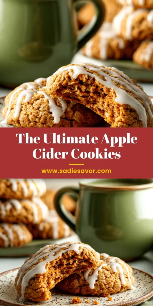 A stack of soft and chewy apple cider cookies with a sweet glaze dripping down the side. The perfect fall cookie recipe.